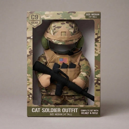 Cat Soldier Outfit packaged with helmet and uniform